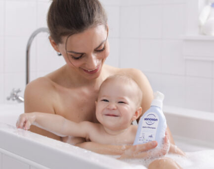 bathing baby with mummy and sanosan Bath & Shampoo