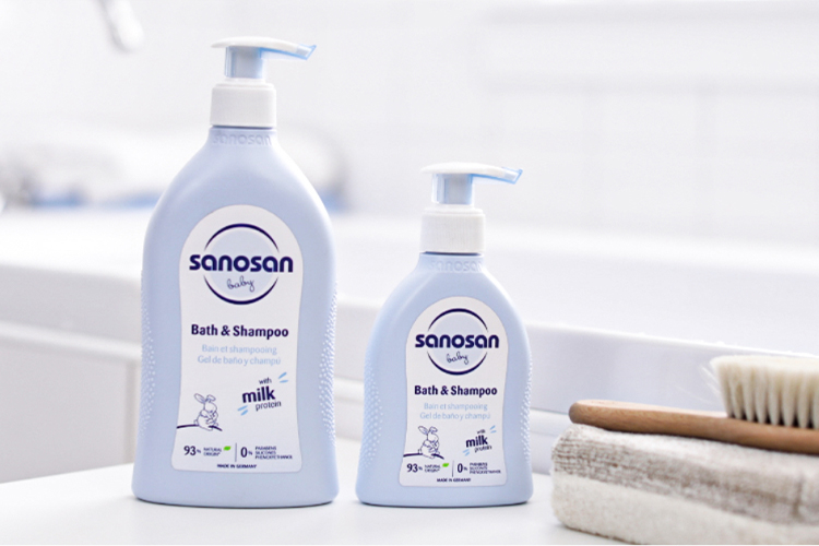 sanosan Baby Bath & Shampoo 500ml and 200ml in a bathroom